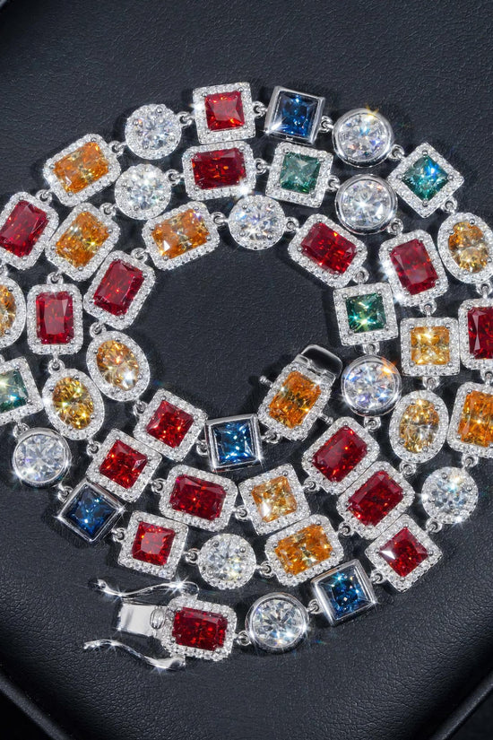Fashion Design Silver 925 Gold Plated Hip Hop Jewelry Cluster Colored Moissanite Tennis Chain Necklace