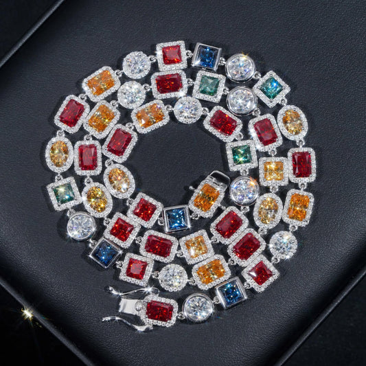 Fashion Design Silver 925 Gold Plated Hip Hop Jewelry Cluster Colored Moissanite Tennis Chain Necklace