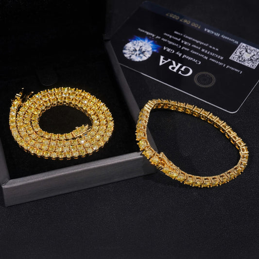 Worldwide Shipping Factory Wholesale S925 Gold Plated Hip Hop Jewelry 3mm 4mm Necklace Yellow Color Moissanite Tennis Chain