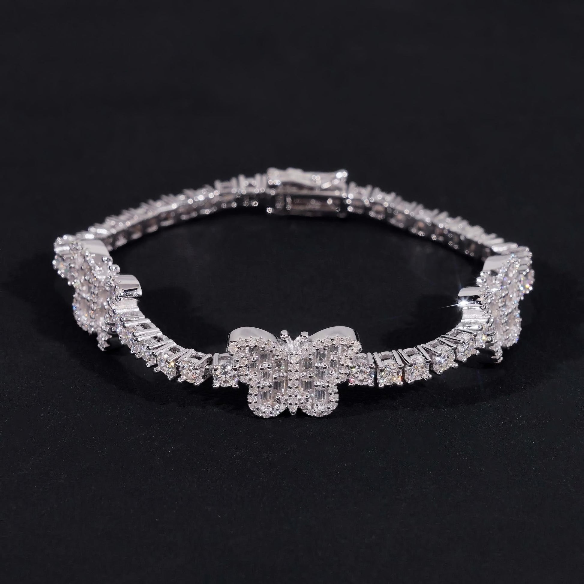 New Arrivals Hip Hop 925 Silver 3mm Baguette Diamond Tennis Chain Moissanite Butterfly Bracelet