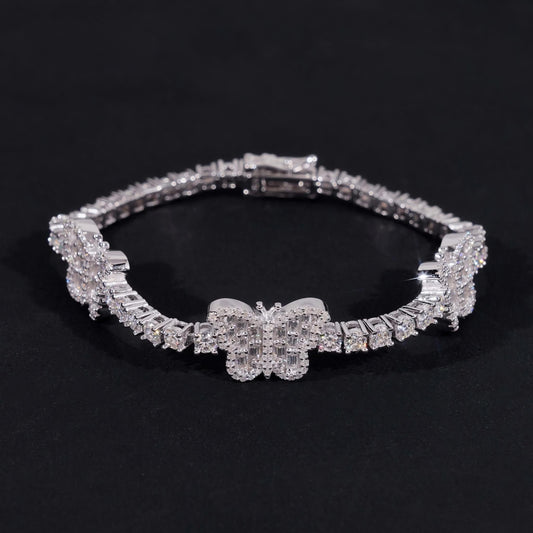New Arrivals Hip Hop 925 Silver 3mm Baguette Diamond Tennis Chain Moissanite Butterfly Bracelet