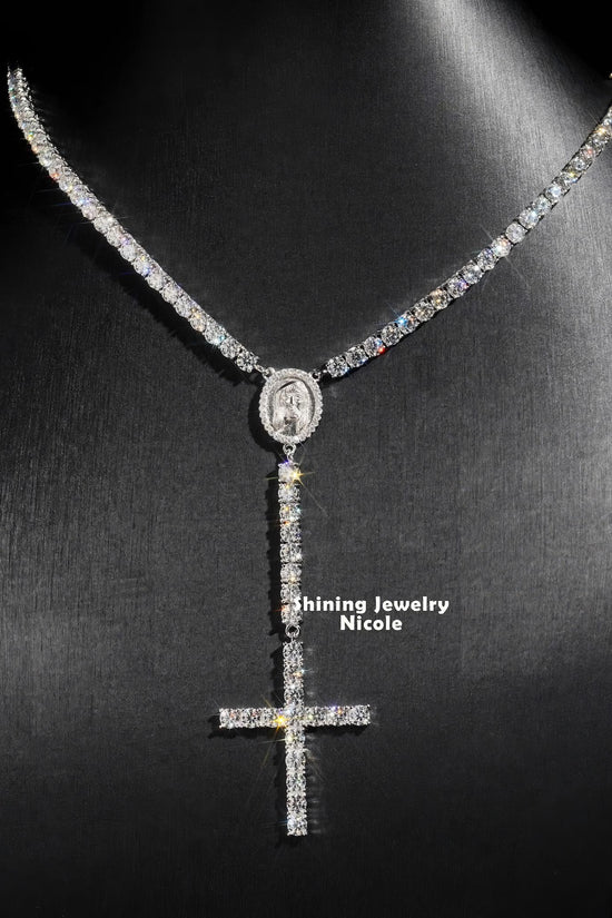Hip Hop Fashion Trendy D VVS Moissanite Diamond 4MM Rosary Chain Cross Necklace 925 Silver Tennis Chain