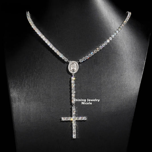 Hip Hop Fashion Trendy D VVS Moissanite Diamond 4MM Rosary Chain Cross Necklace 925 Silver Tennis Chain
