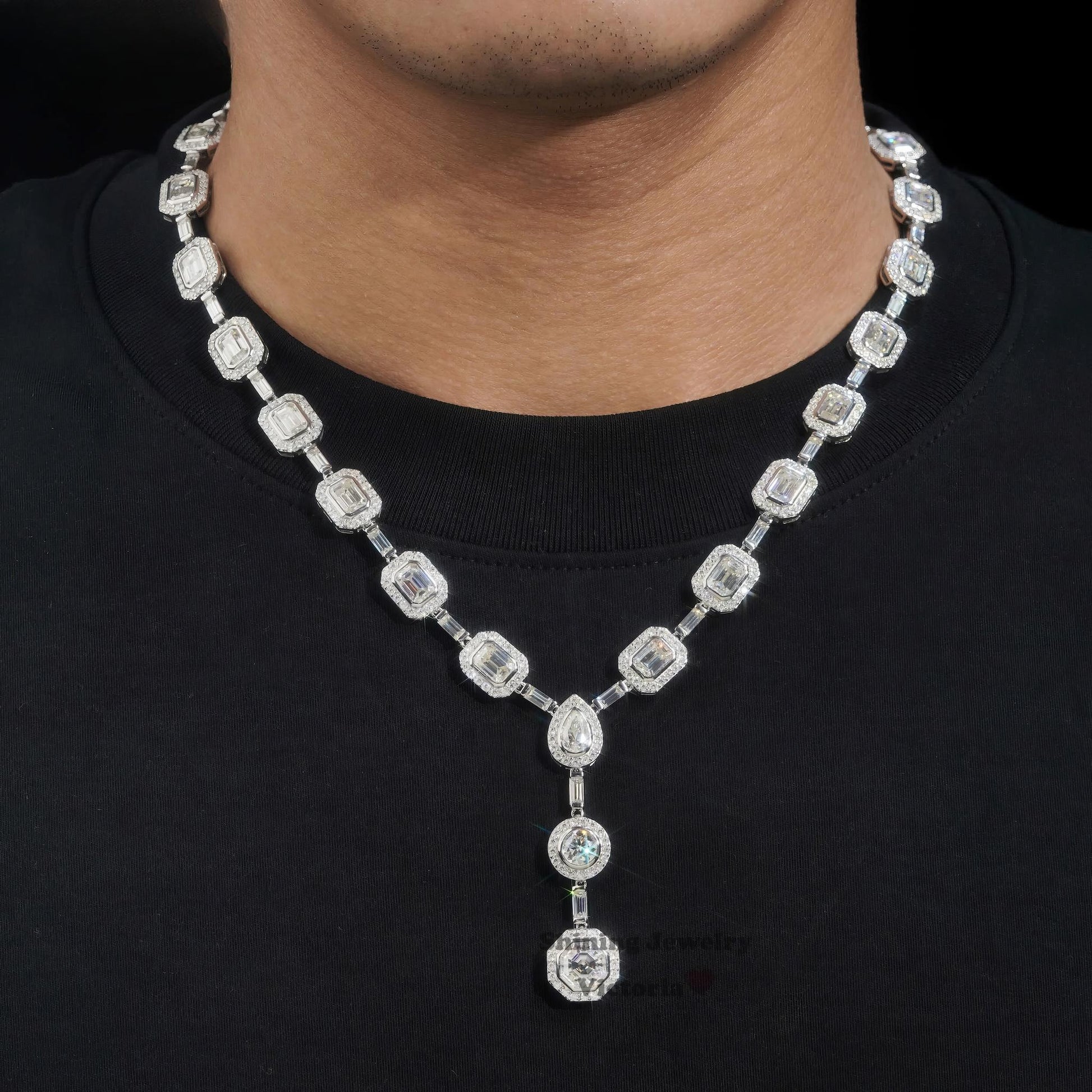 Luxurious Party Jewelry Gift Iced Out 925 Sterling Silver Round Baguette Moissanite Diamond Cluster Tennis Chain Necklace