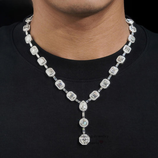 Luxurious Party Jewelry Gift Iced Out 925 Sterling Silver Round Baguette Moissanite Diamond Cluster Tennis Chain Necklace
