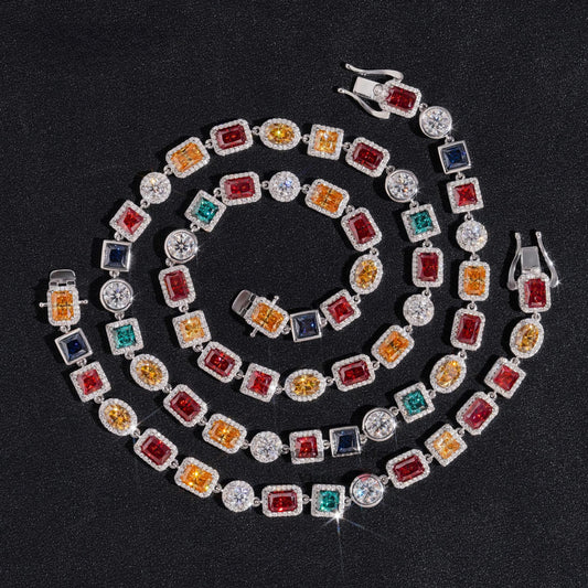 New Fashion Halo Style 925 Sterling Silver VVS Moissanite Diamond Colorful Jewelry 10MM Moissanite Cluster Tennis Chain Necklace