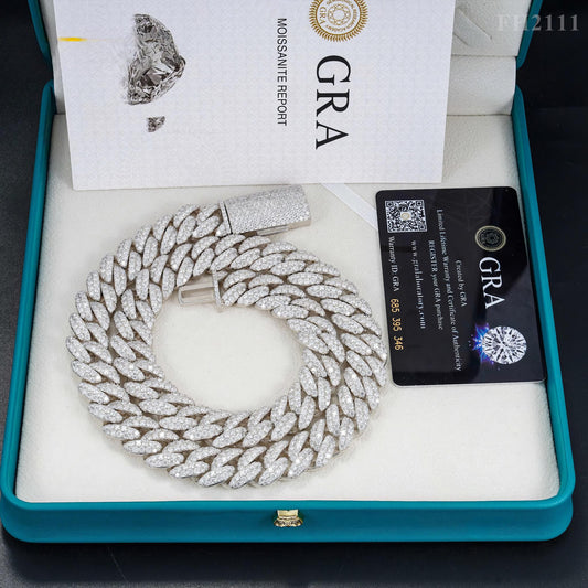 Hip Hop Fine Jewelry Factory Direct Sell 15MM Iced Out 925 Sterling Silver White Gold Plated Moissanite Cuban Link Chain Men