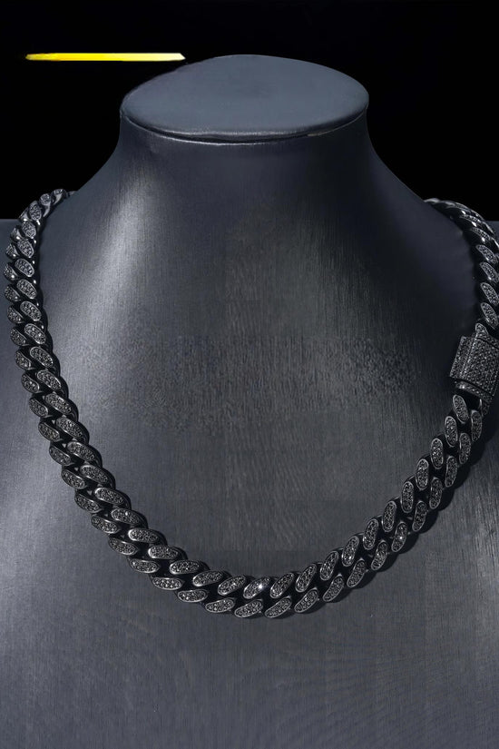 Custom 12mm Cuban Chain Sterling Silver 925 Black Moissanite Luxury Cuban Link Chain Prong Set Hip Hop Jewelry