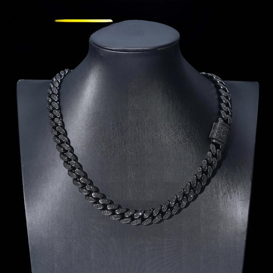 Custom 12mm Cuban Chain Sterling Silver 925 Black Moissanite Luxury Cuban Link Chain Prong Set Hip Hop Jewelry