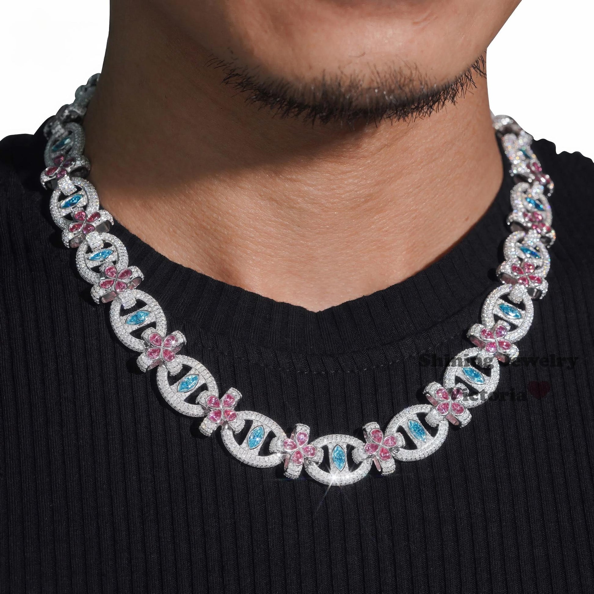 Shining Jewelry New Trendy Rapper Jewelry Colorful Diamond Chain S925 White Gold Plated VVS Moissanite Clover Cuban Link Chain