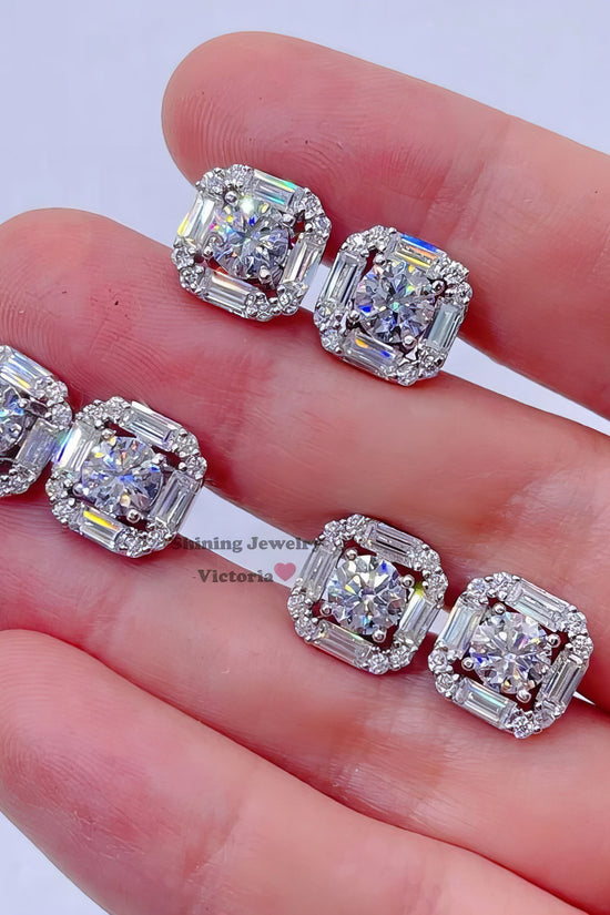 13mm Solid Silver 925 Vvs Moissanite Screw Back Stud baguette Diamond Earrings