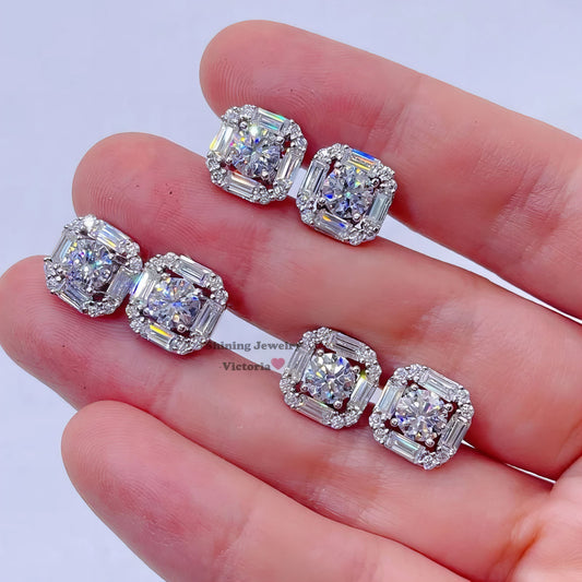 13mm Solid Silver 925 Vvs Moissanite Screw Back Stud baguette Diamond Earrings