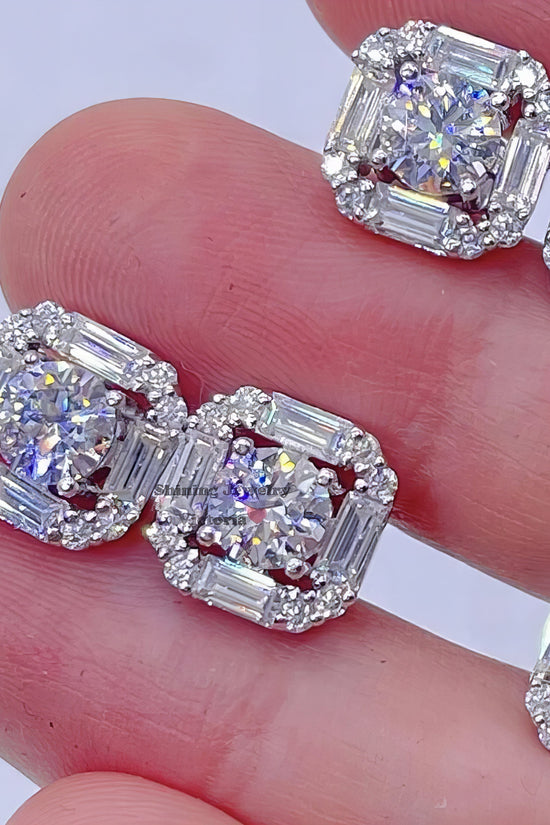 13mm Solid Silver 925 Vvs Moissanite Screw Back Stud baguette Diamond Earrings