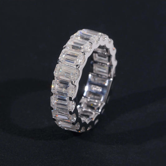 Moissanite Diamond Emerald Cut Eternity Band 925 Sterling Silver Wedding Moissanite Ring