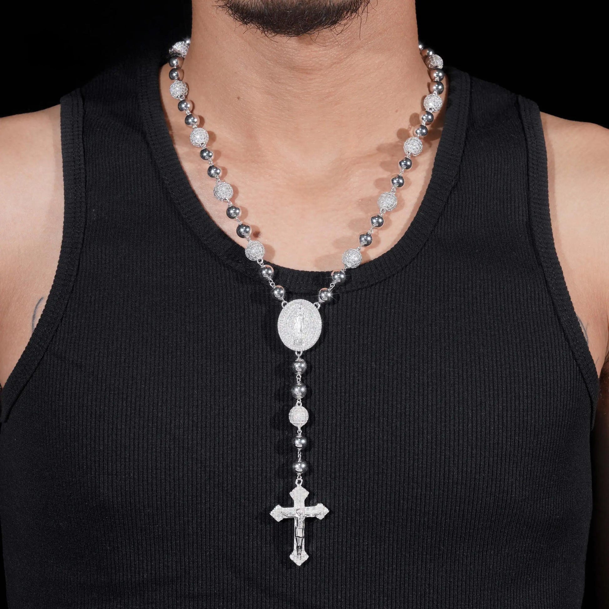 Pass Diamond Tester Hip Hop Iced Out Allah Moissanite Ball Chain 10mm Beads Necklace with Cross Pendant