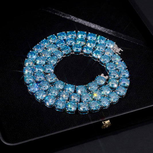 Trendy Luxury Hip Hop Necklace S925 Iced Out Custom Bracelet 10MM Radiant Cut VVS1 Aquamarine Moissnaite Diamond Tennis Chain