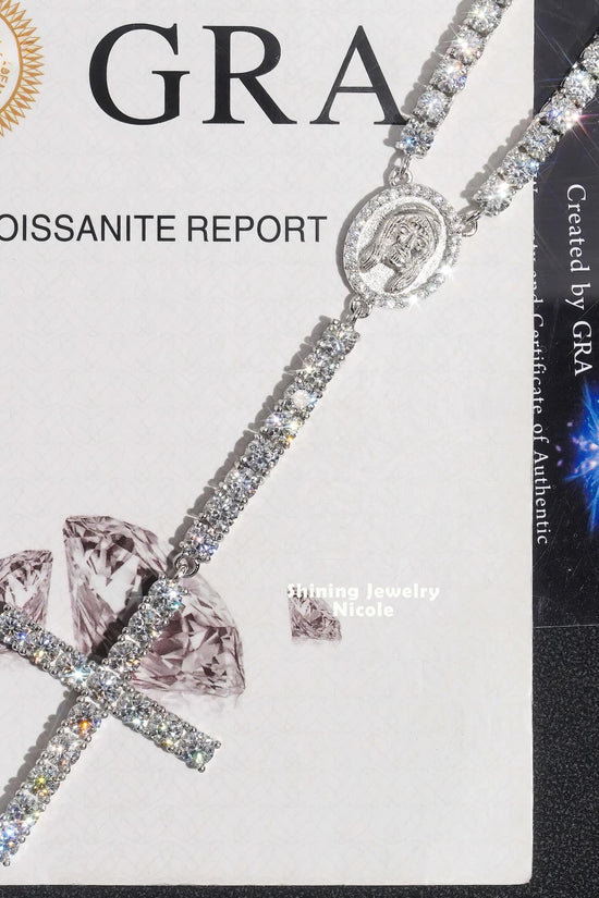 Hip Hop Fashion Trendy D VVS Moissanite Diamond 4MM Rosary Chain Cross Necklace 925 Silver Tennis Chain