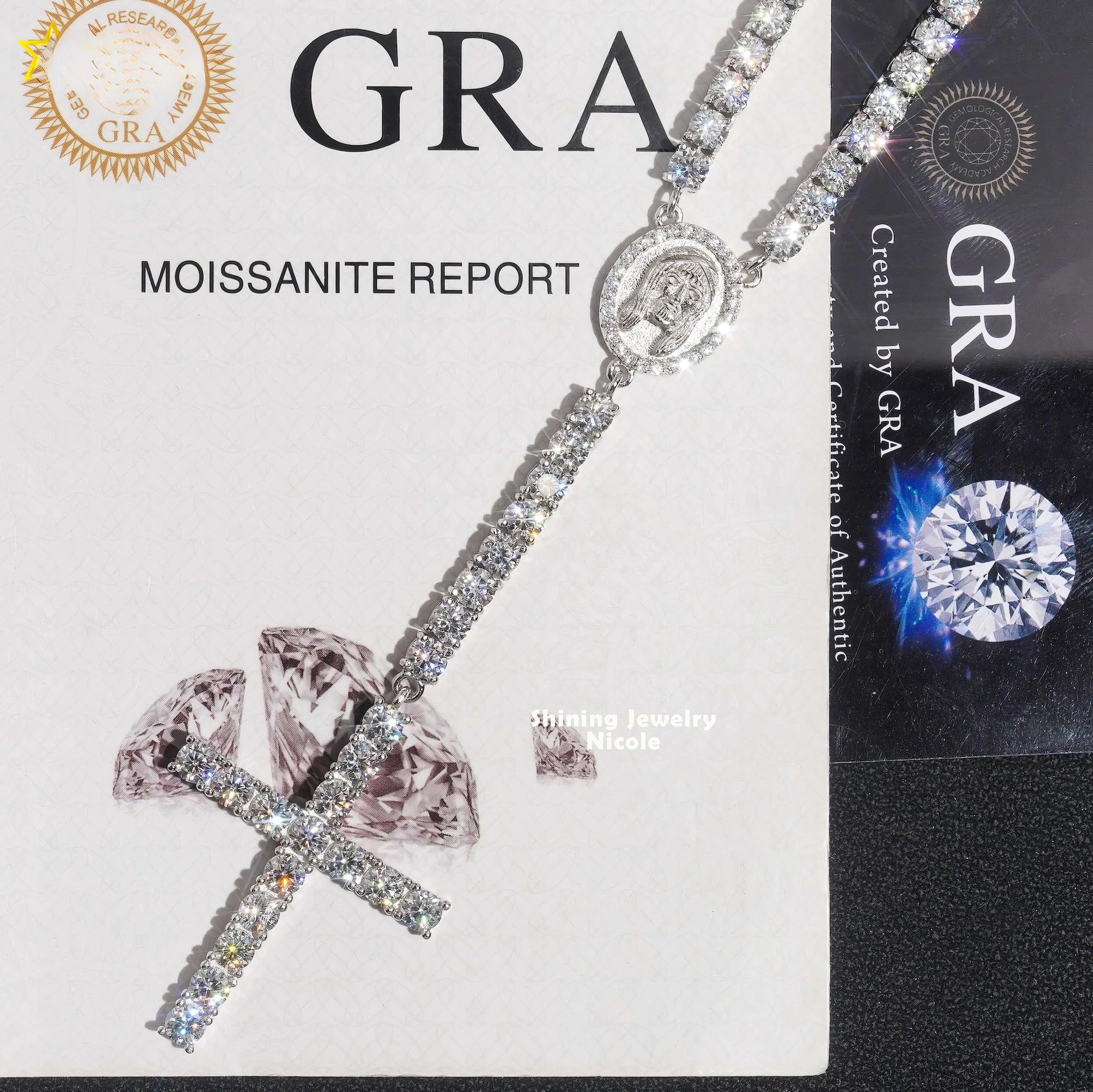 Hip Hop Fashion Trendy D VVS Moissanite Diamond 4MM Rosary Chain Cross Necklace 925 Silver Tennis Chain