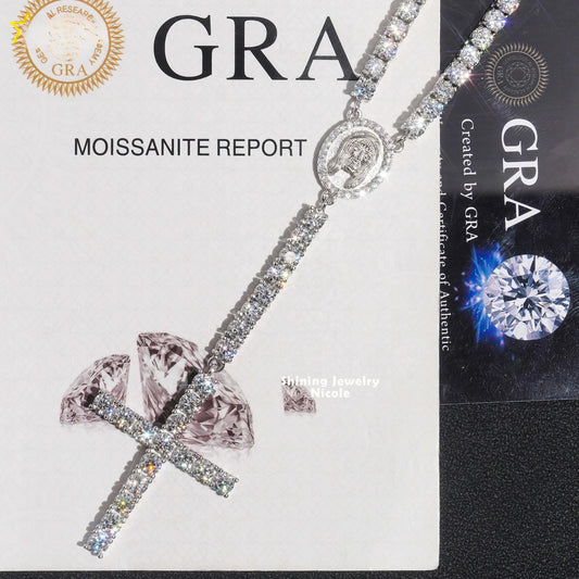 Hip Hop Fashion Trendy D VVS Moissanite Diamond 4MM Rosary Chain Cross Necklace 925 Silver Tennis Chain