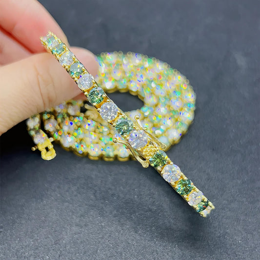 Green Moissanite Chain Hip Hop Jewelry High Quality 925 Sterling Silver Gold Plated Lab Diamond Moissanite Tennis Chain
