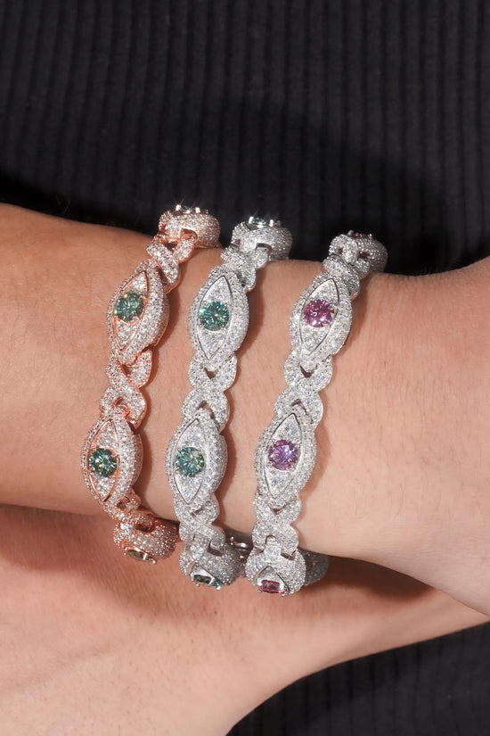 Hot Sale Colorful Moissanite Eye Design Men's Bracelet 925 Sterling Silver Gold Plated Cuban Link Chain Iced Out Bracelet