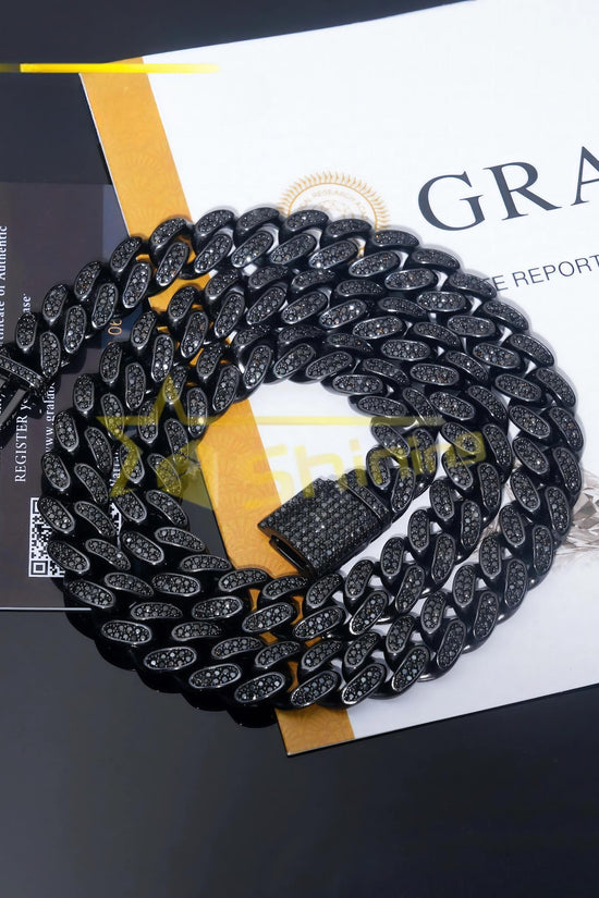 Custom 12mm Cuban Chain Sterling Silver 925 Black Moissanite Luxury Cuban Link Chain Prong Set Hip Hop Jewelry