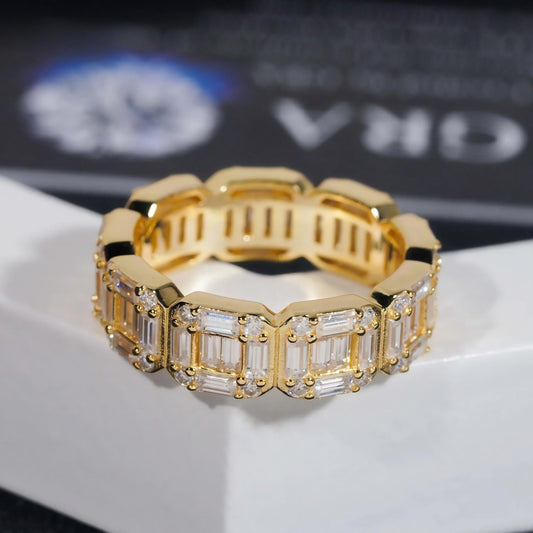 Certified 925 Sterling Silver Gold Plated Hip Hop Jewelry Baguette VVS Diamond Moissanite Hip Hop Band Ring