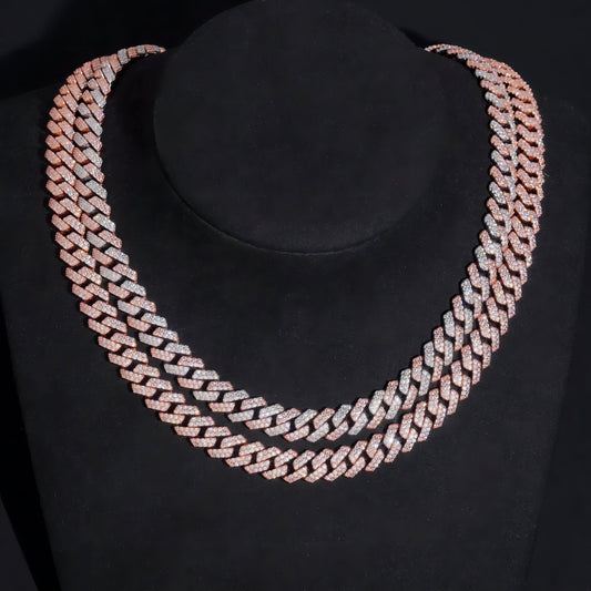 Basic Design Two Rows Iced Out VVS D Color Moissanite Diamond Rose Gold Cuban Link Chain Necklace 10MM Curve Lock
