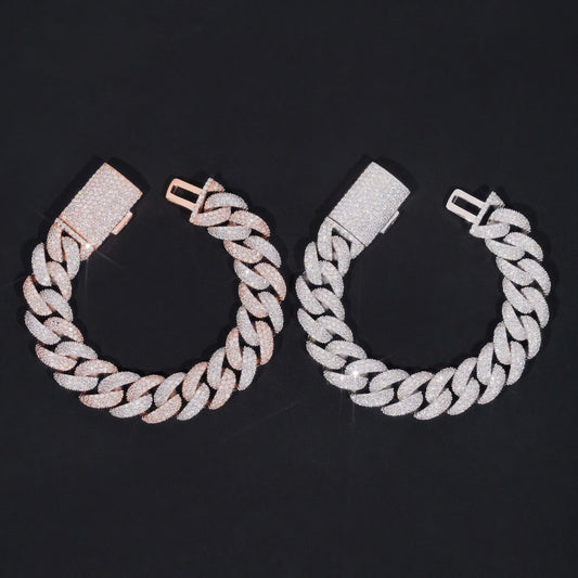 Rapper Jewelry Hip Hop Mens 15mm Iced Out 925 Sterling Silver Two Tone Moissanite Cuban Bracelets