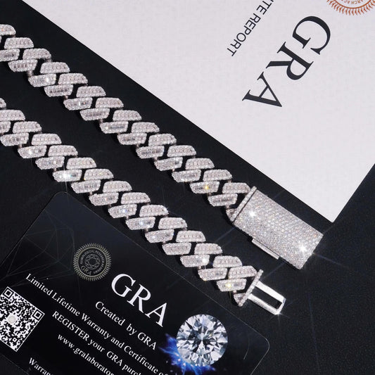 High Quality 12mm Solid 925 Sterling Silver Men Hip Hop Jewelry Iced Out Baguette VVS Moissanite Cuban Link Chain Necklaces