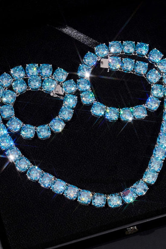 Trendy Luxury Hip Hop Necklace S925 Iced Out Custom Bracelet 10MM Radiant Cut VVS1 Aquamarine Moissnaite Diamond Tennis Chain