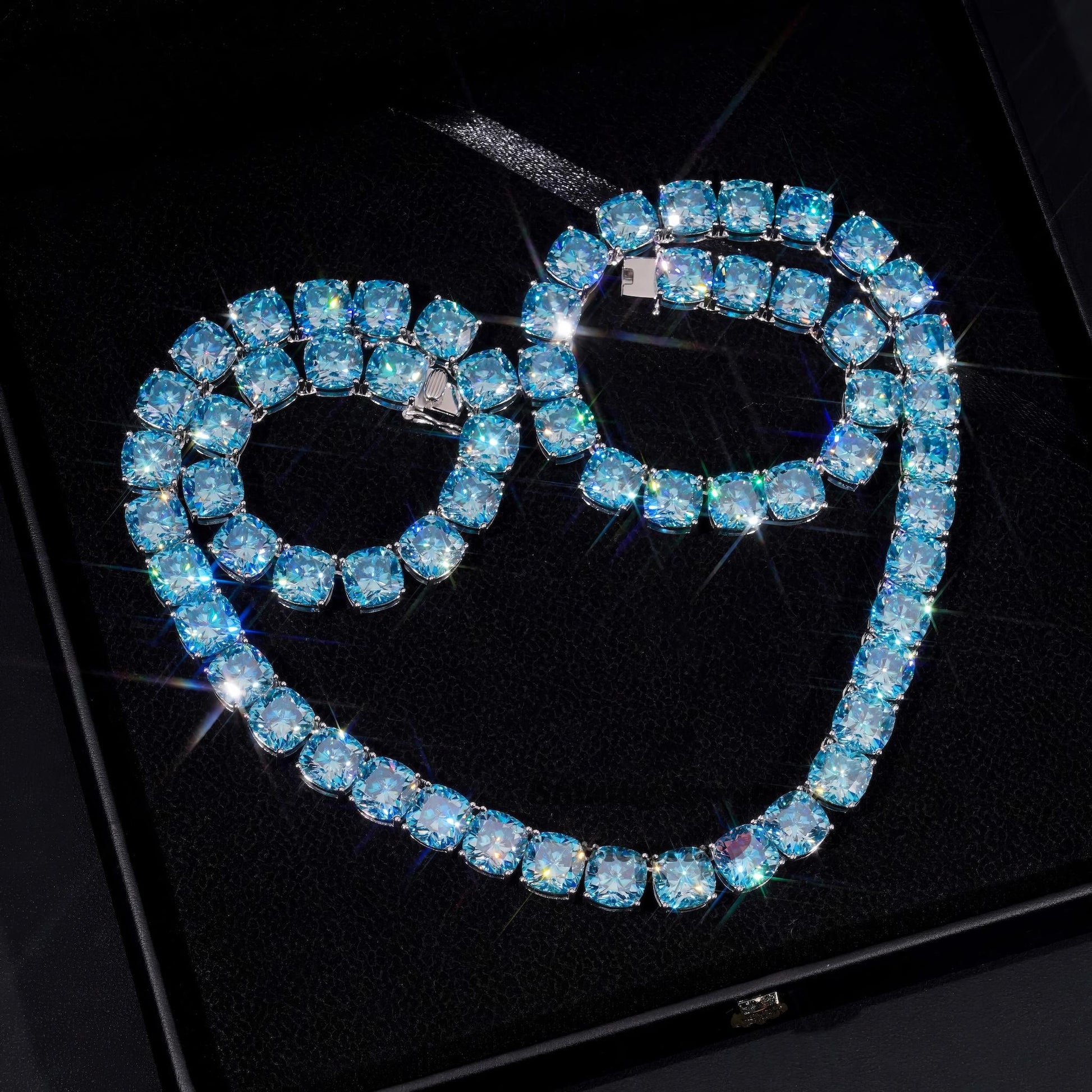 Trendy Luxury Hip Hop Necklace S925 Iced Out Custom Bracelet 10MM Radiant Cut VVS1 Aquamarine Moissnaite Diamond Tennis Chain