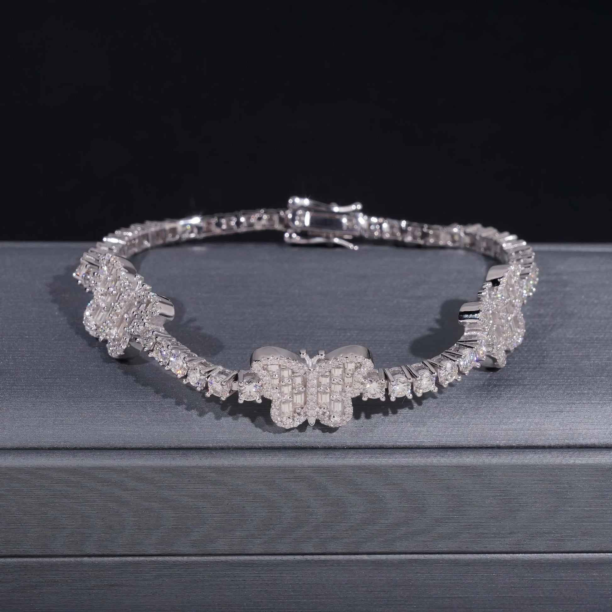 New Arrivals Hip Hop 925 Silver 3mm Baguette Diamond Tennis Chain Moissanite Butterfly Bracelet