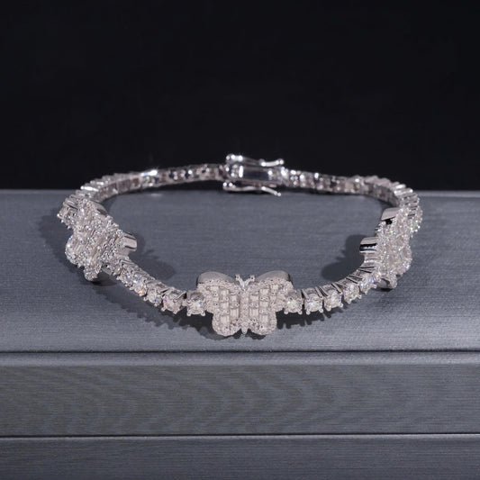 New Arrivals Hip Hop 925 Silver 3mm Baguette Diamond Tennis Chain Moissanite Butterfly Bracelet