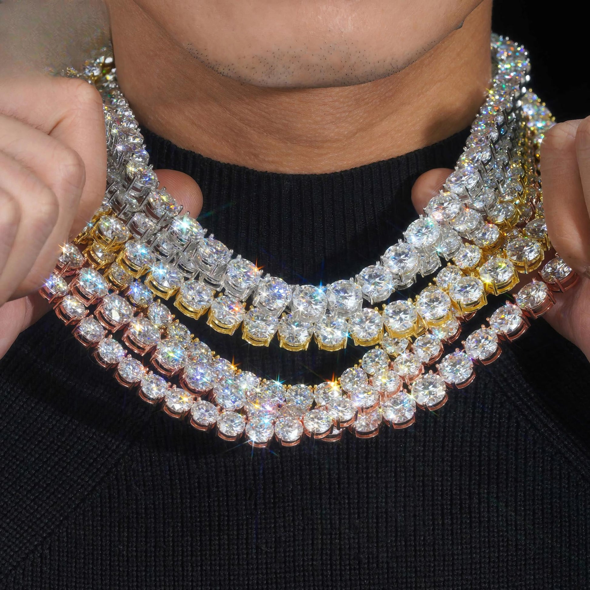 New Stock 8mm 10mm Big Hip Hop Necklace Luxury Bling 925 Silver Gold Plated Claw Set Lab Diamond Moissanite Tennis Chain