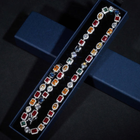 Fashion Design Silver 925 Gold Plated Hip Hop Jewelry Cluster Colored Moissanite Tennis Chain Necklace