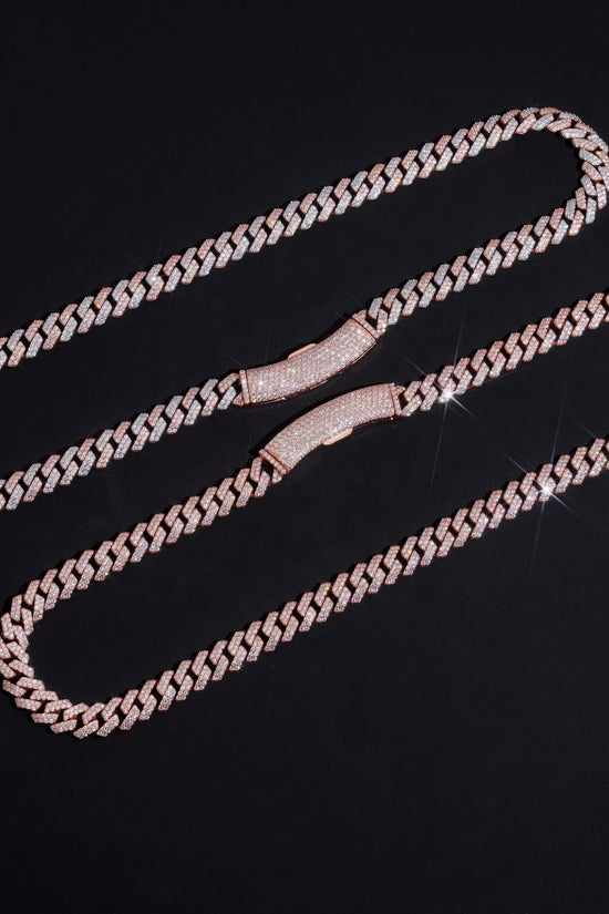 Basic Design Two Rows Iced Out VVS D Color Moissanite Diamond Rose Gold Cuban Link Chain Necklace 10MM Curve Lock