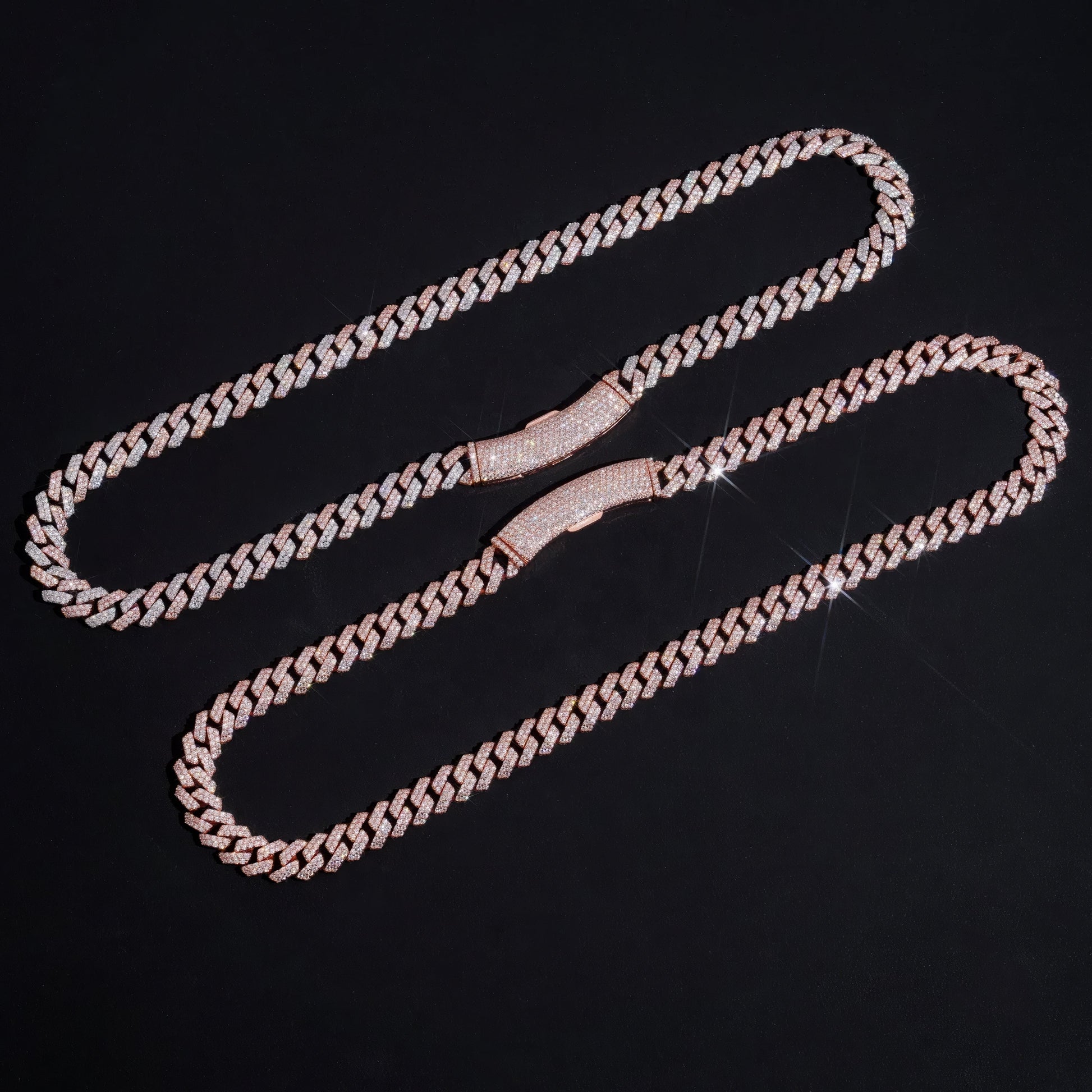 Basic Design Two Rows Iced Out VVS D Color Moissanite Diamond Rose Gold Cuban Link Chain Necklace 10MM Curve Lock