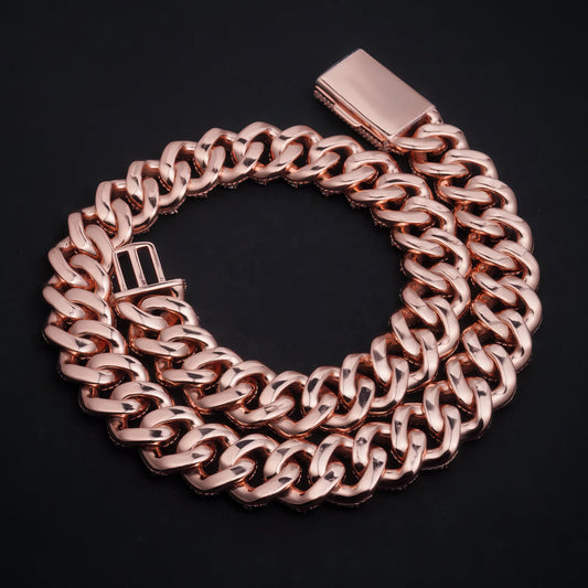 Mens 20MM Heavy Necklace Rock Jewelry Rose Gold Three Rows 925 Sterling Silver VVS Moissanite Diamond Miami Cuban Link Chain