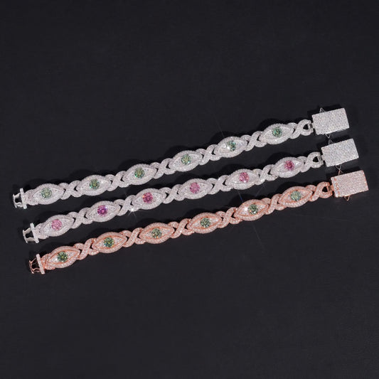 Hot Sale Colorful Moissanite Eye Design Men's Bracelet 925 Sterling Silver Gold Plated Cuban Link Chain Iced Out Bracelet
