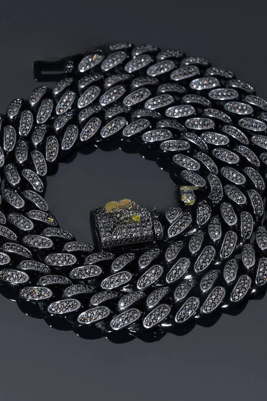 Custom 12mm Cuban Chain Sterling Silver 925 Black Moissanite Luxury Cuban Link Chain Prong Set Hip Hop Jewelry