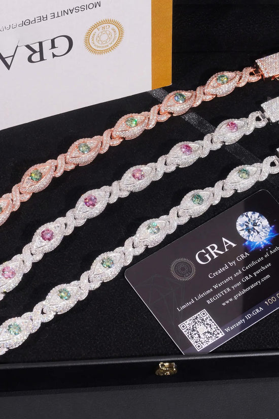 Hot Sale Colorful Moissanite Eye Design Men's Bracelet 925 Sterling Silver Gold Plated Cuban Link Chain Iced Out Bracelet