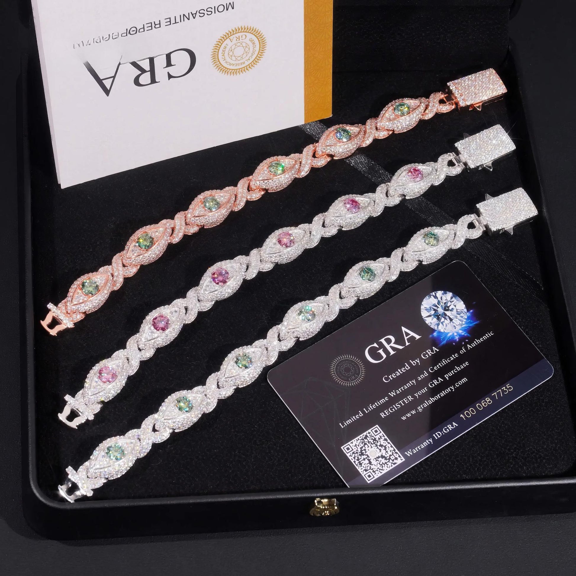Hot Sale Colorful Moissanite Eye Design Men's Bracelet 925 Sterling Silver Gold Plated Cuban Link Chain Iced Out Bracelet