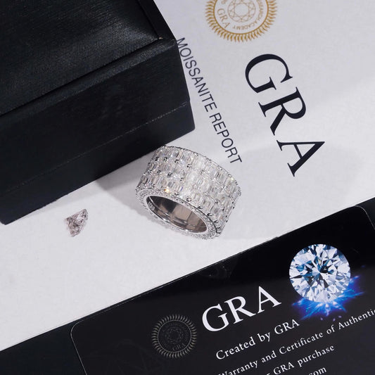 Luxury Men Ring Gold Plated Fine Jewelry Fast Shipping GRA Moissanite Emerald Cut Fully Band 925 Silver Iced Out Hip Hop Rings