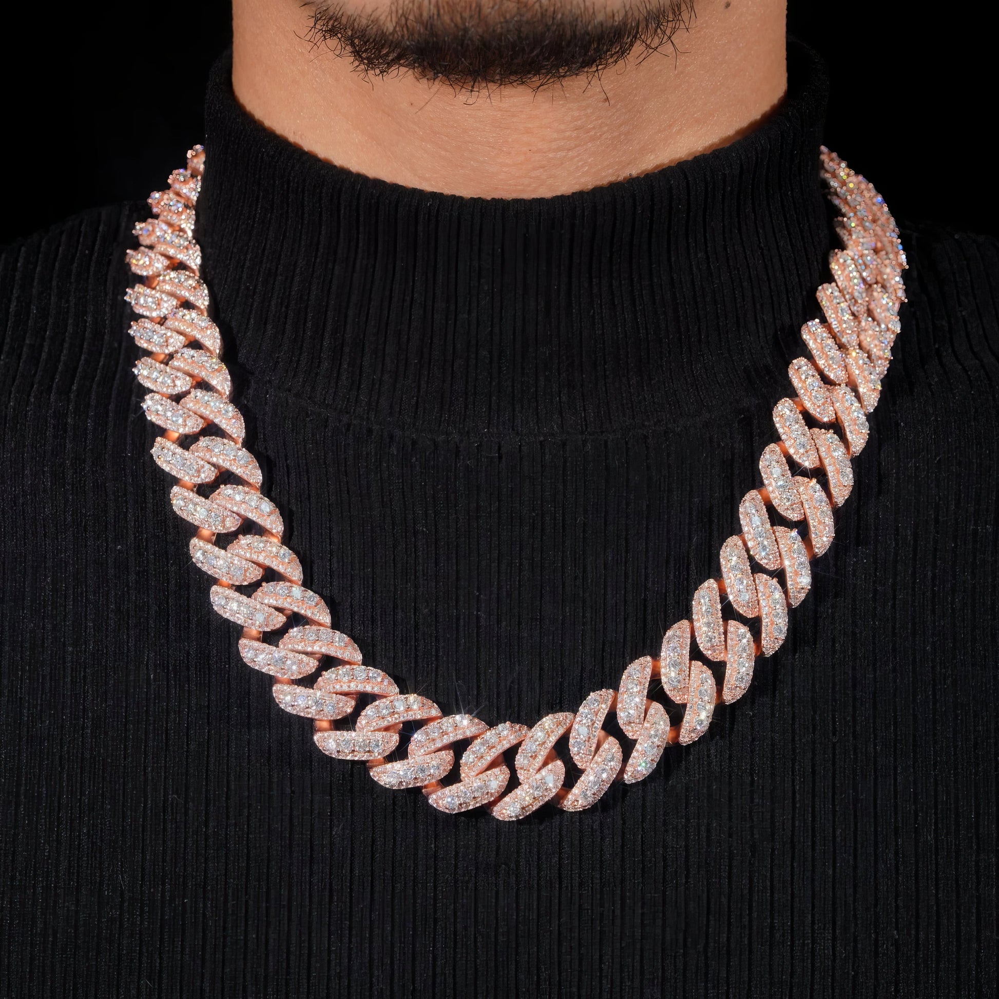 Mens 20MM Heavy Necklace Rock Jewelry Rose Gold Three Rows 925 Sterling Silver VVS Moissanite Diamond Miami Cuban Link Chain