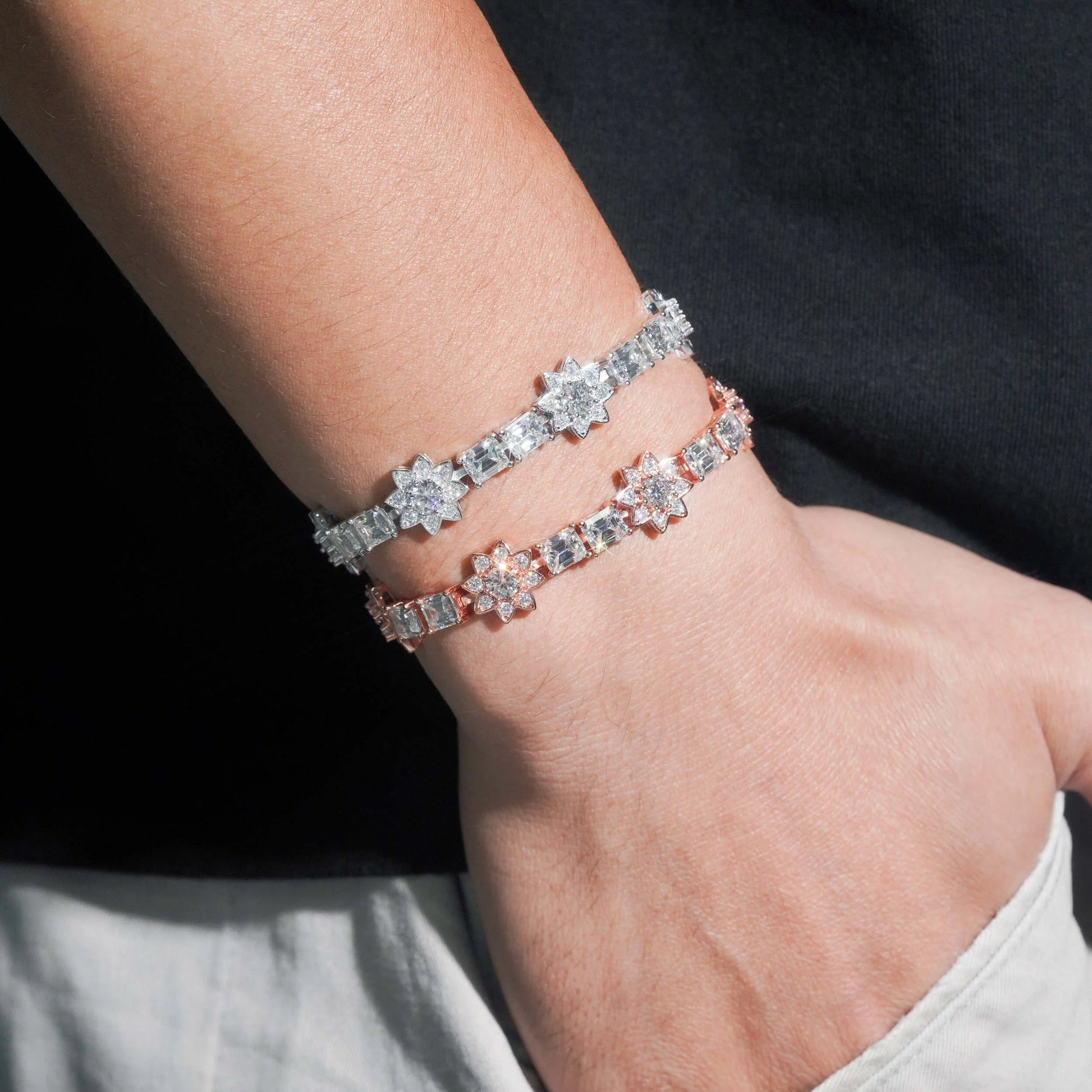 Fashion Jewelry Silver Emerald Cut Lab Diamond Tennis Bracelet VVS Moissanite Hip Hop Jewelry Iced Out Flower Tennis Bracelet